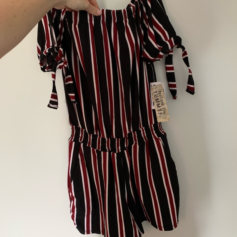 Navy and maroon off the shoulder romper